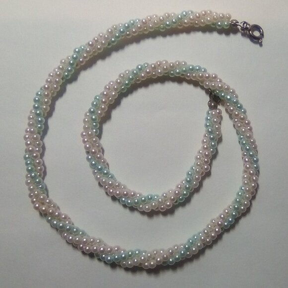 Pastel Faux Pearl Choker Necklace - 3 Strand Twisted Tiny Beads - 17" Long - Picture 5 of 5